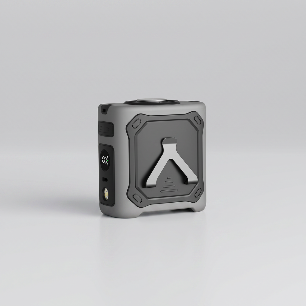 Gray electronic device with a logo on a light gray background