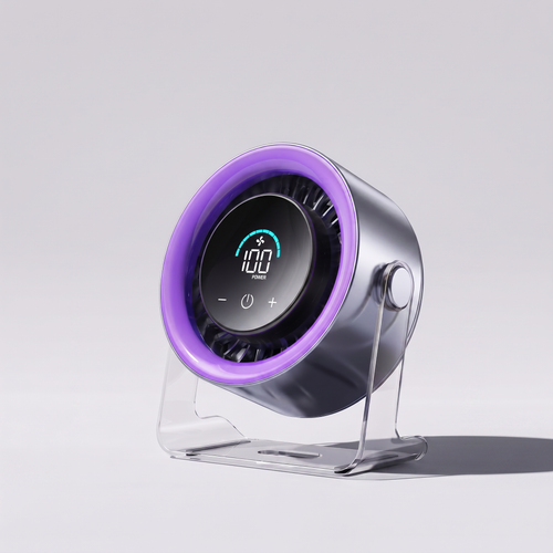 Small fan with a purple light on a gray background