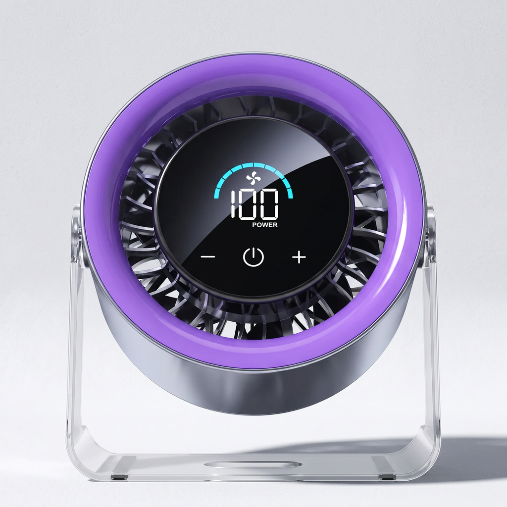 Portable fan with purple rim and digital display on a white background