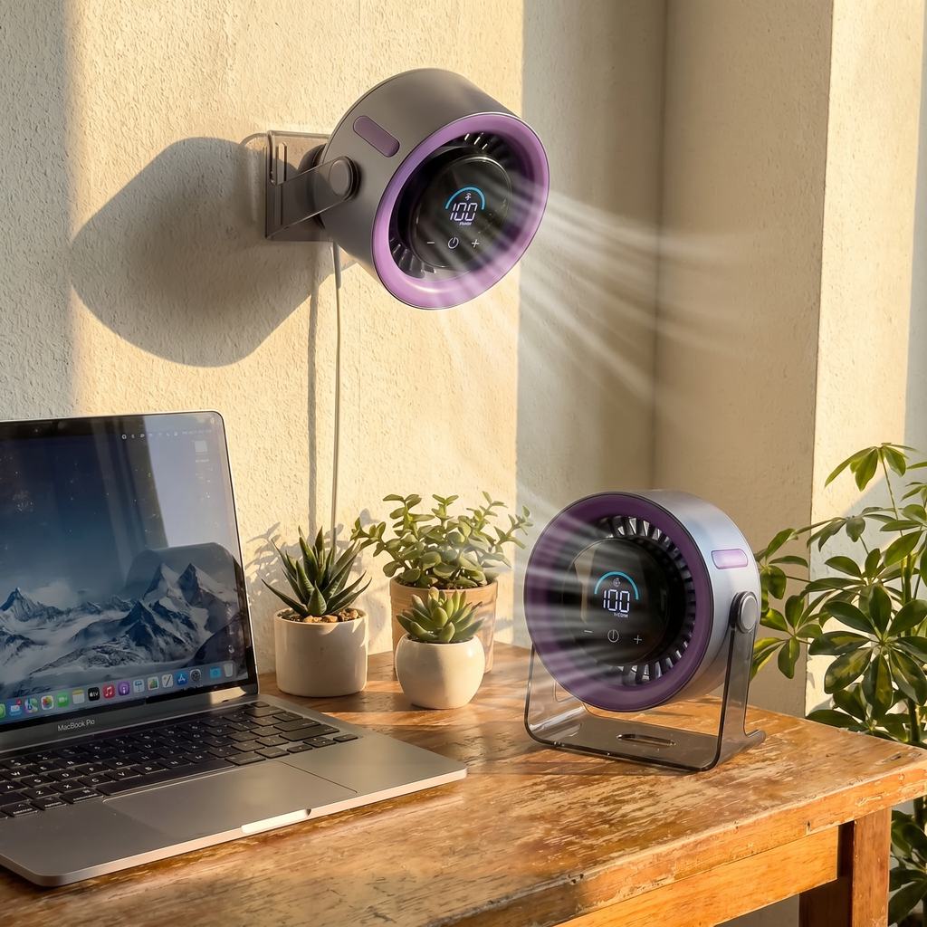 Two wall-mounted air purifiers on a desk with a laptop and plants in the background.